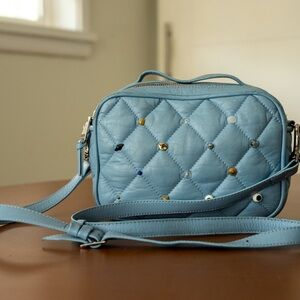 Min & Mon Blue Quilted Crossbody Bag with Gold Accents